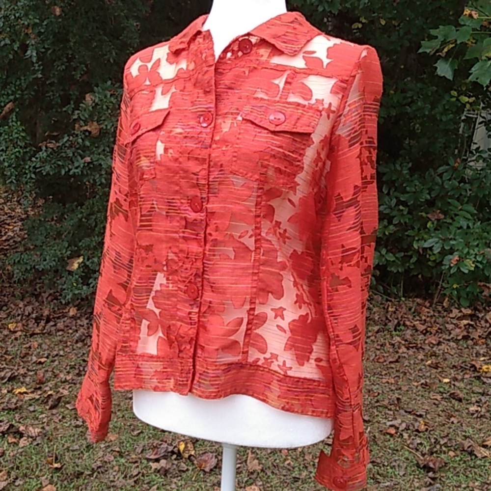 Peck and Peck Tangerine Sheer Floral Blazer